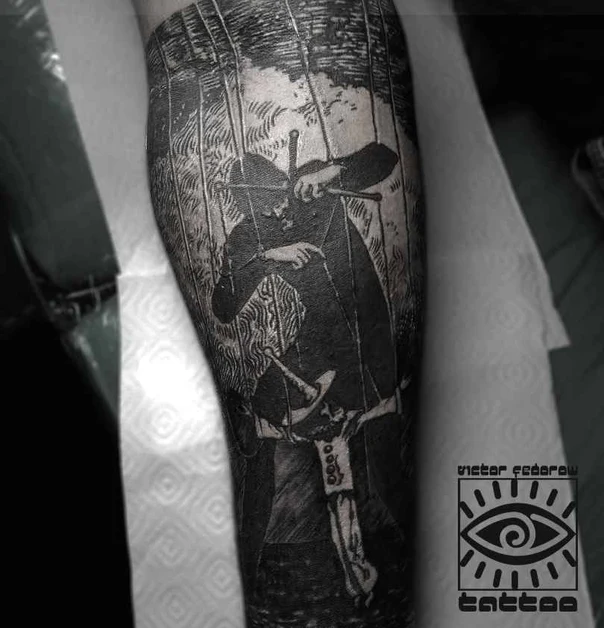 Блэкворк Puppet, Forest tattoo на Предплечье