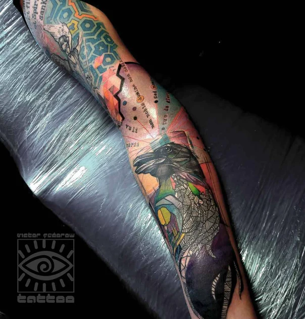 Иллюстративная Raven, Geometric tattoo на Полный рукав