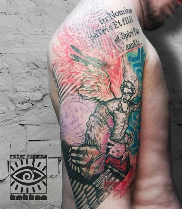 Иллюстративная Angel, Lettering tattoo на Плечо