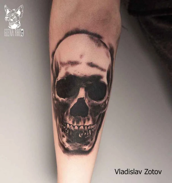 Чёрно-серая Skull tattoo на Предплечье