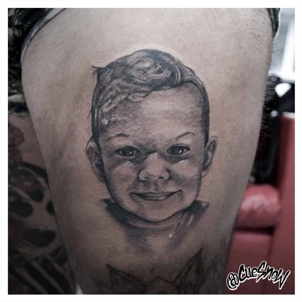 Realism Portrait, Child tattoo on Thigh