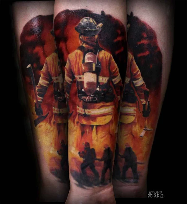 Realism Firefighter, Fire tattoo on Forearm