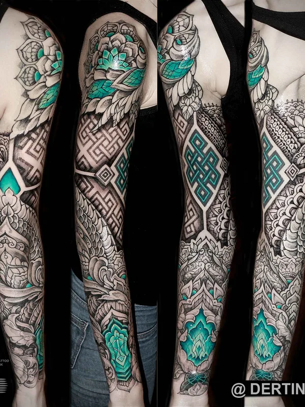 black and grey ornamental tattoo on full sleeve #15623 | Tattoo Artist Дёртин Антон
