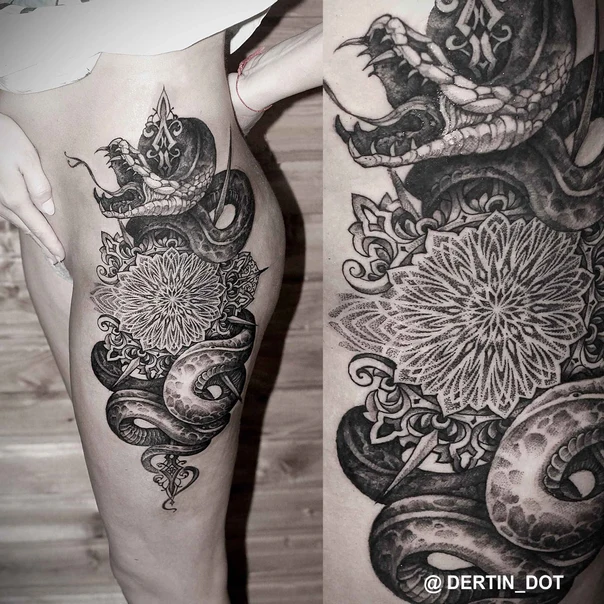 Блэкворк Snake, Mandala tattoo на Бедро