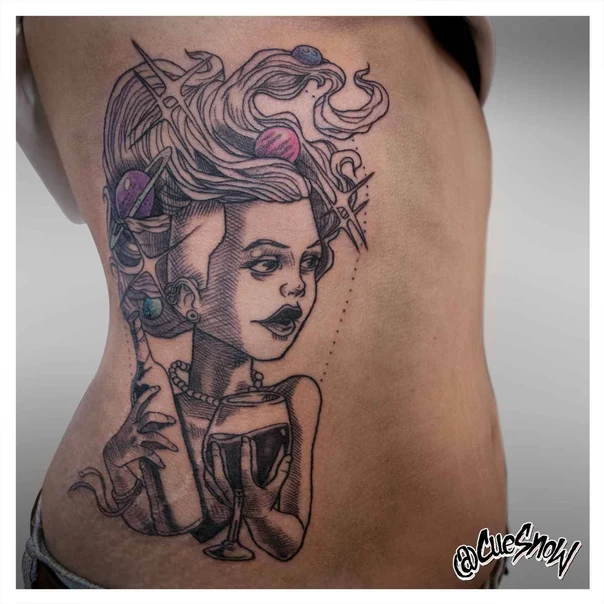 Blackwork Woman, Planets tattoo on Side