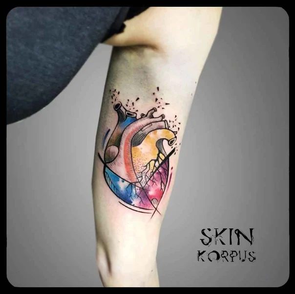 Watercolor Heart, Anatomy tattoo on Forearm