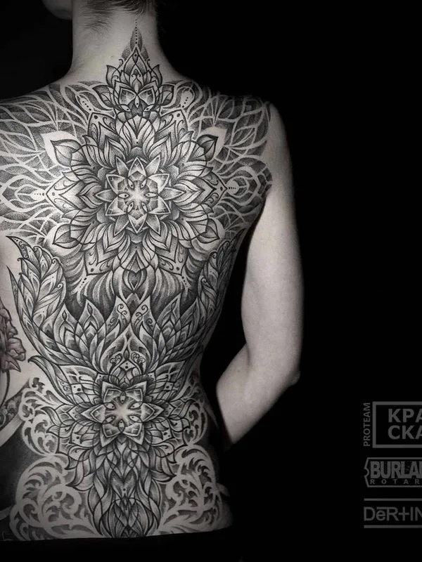 female black and grey mandala tattoo on full back #15621 | Tattoo Artist Дёртин Антон