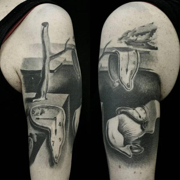 Surrealism Melting clocks, Landscape tattoo on Upper Arm