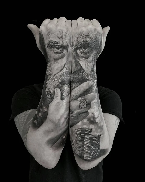 Realism Portrait, Cards tattoo on Forearm