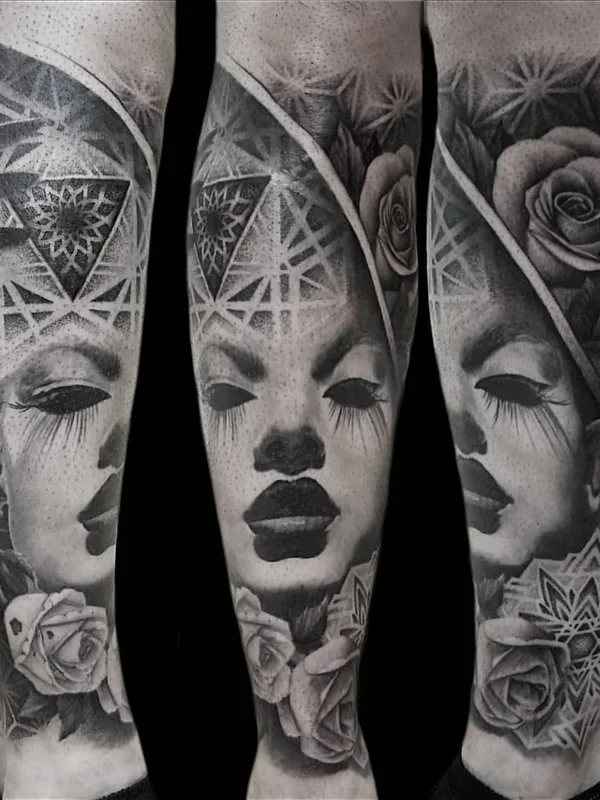 female black and grey black and grey Tatuagem em calf #27368 | Tatuador Chris Adamek