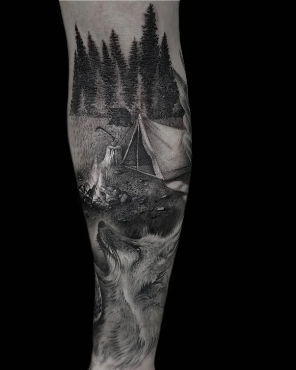 Realism Wolf, Forest tattoo on Forearm