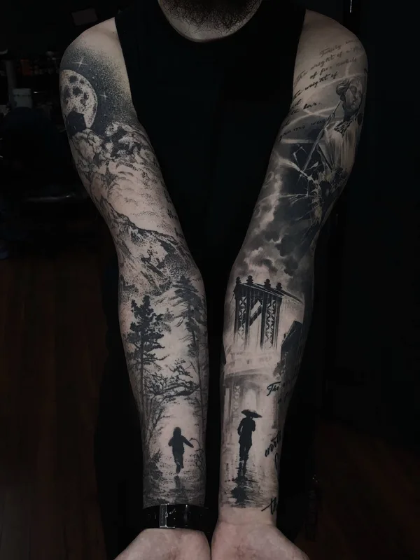black and grey black and grey Tatuaggio su full sleeve #27396 | Tatuatore Alex Oberov