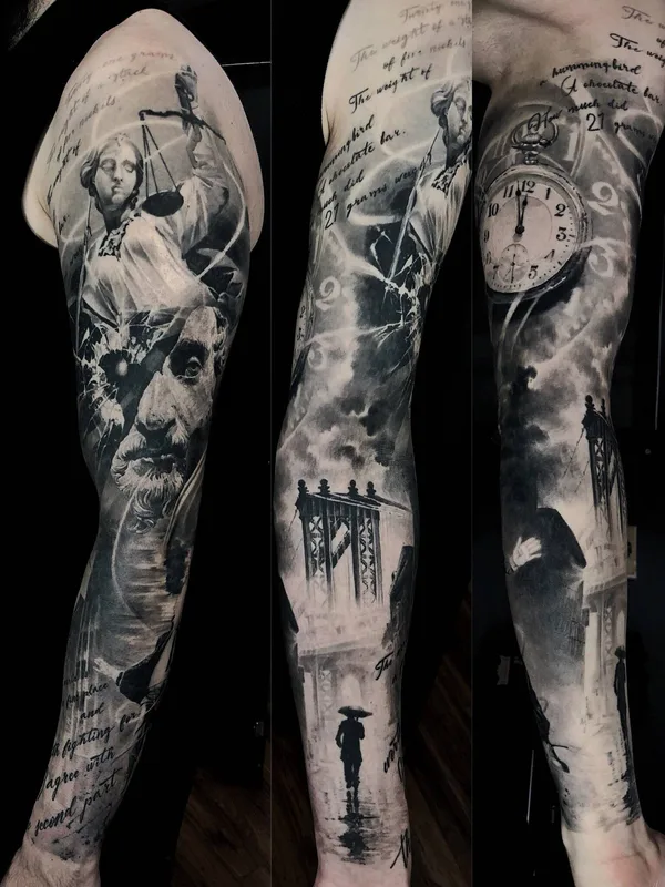 black and grey black and grey Tatuaggio su full sleeve #27401 | Tatuatore Alex Oberov