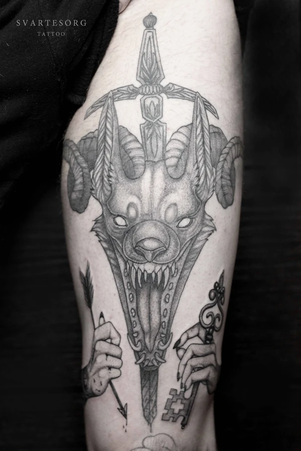 Blackwork Wolf, Sword tattoo on Forearm