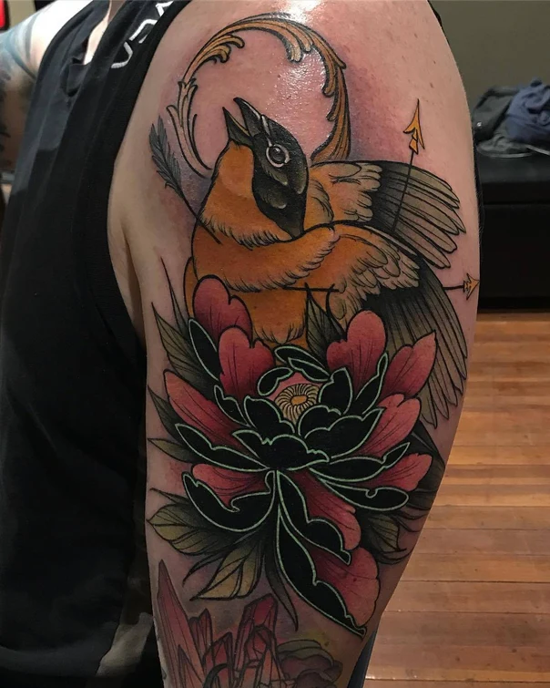 Neo Traditional Bird, Flower tattoo on Upper Arm