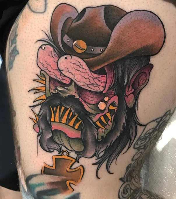 Neo Traditional Monster, Cowboy hat tattoo on Thigh