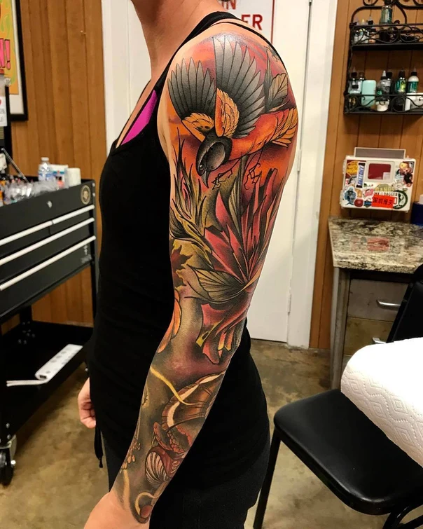 Illustrative Bird, Botanic tattoo on Full Sleeve