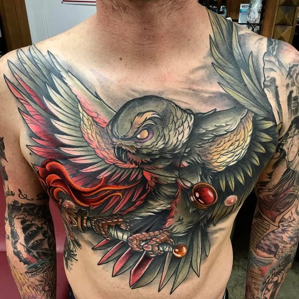 Neo Traditional Owl, Sword tattoo on Chest