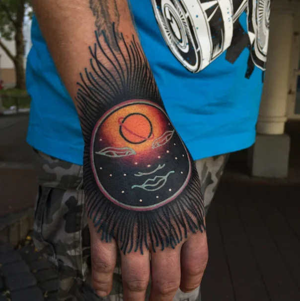 Illustrative Planet, Sun tattoo on Hand