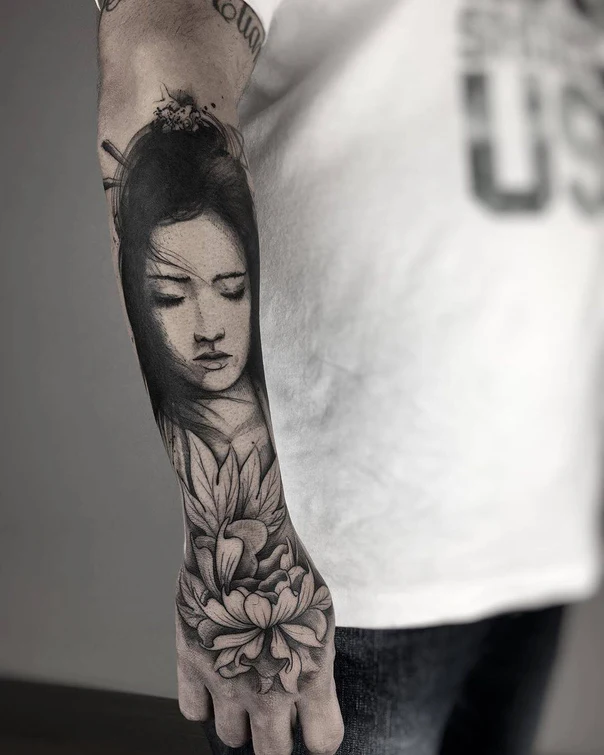 Realism Geisha, Flower tattoo on Forearm