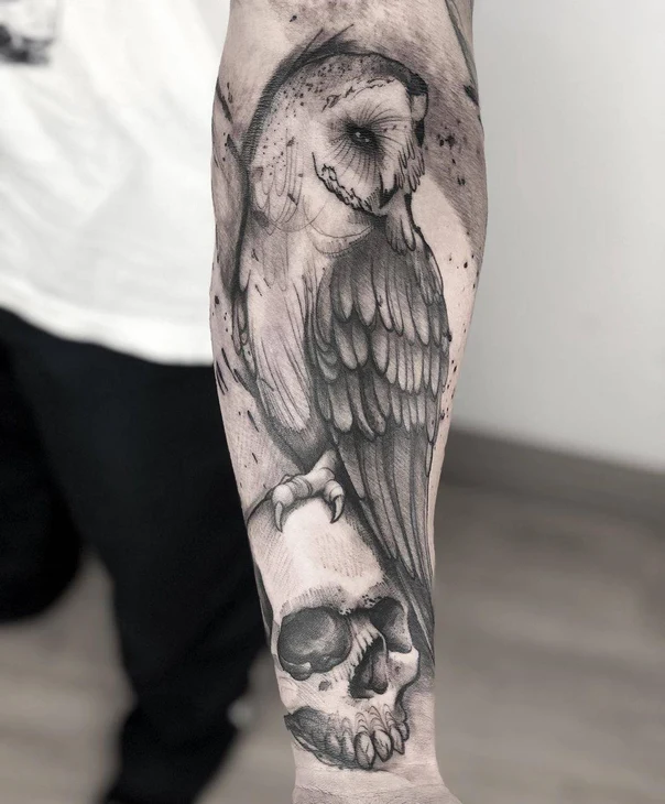 Black & Grey Owl, Skull tattoo on Forearm