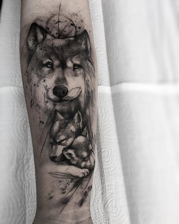 Black & Grey Wolf tattoo on Forearm