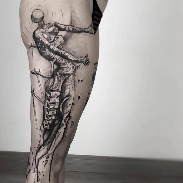 Surrealism Figure, Abstract tattoo on Thigh