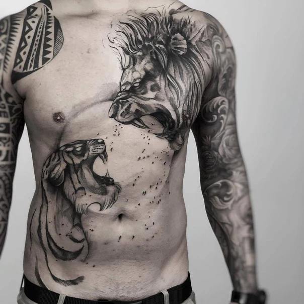 Realism Lion, Tiger tattoo on Chest