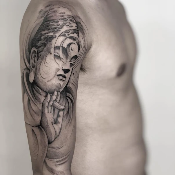 Black & Grey Buddha, Geometric tattoo on Full Sleeve