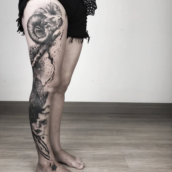 Black & Grey Ram, Bird tattoo on Full Leg