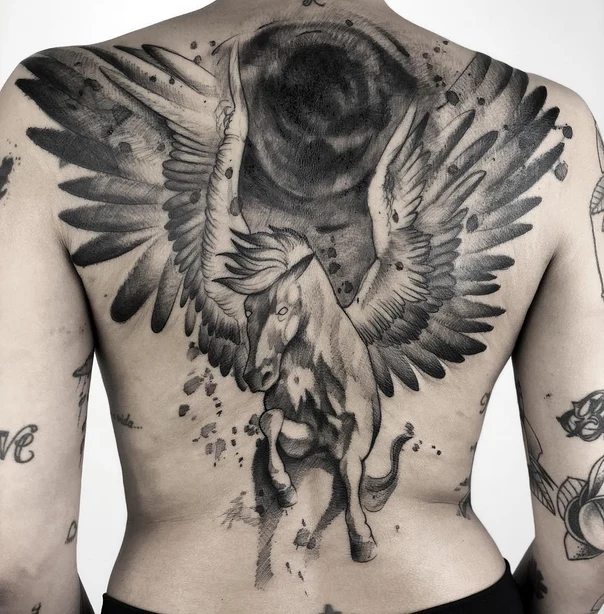 Black & Grey Pegasus, Wings tattoo on Full Back