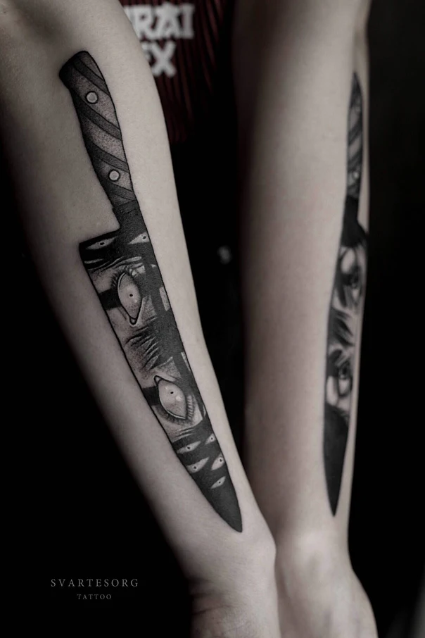Блэкворк Knife, Eyes tattoo на Предплечье
