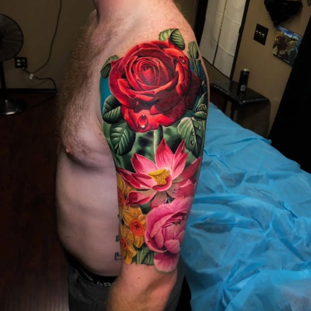 Tattoo artist Jose Guevara Morales authors style color floral realistic tattoo, rose | Hesperia, CA, USA
