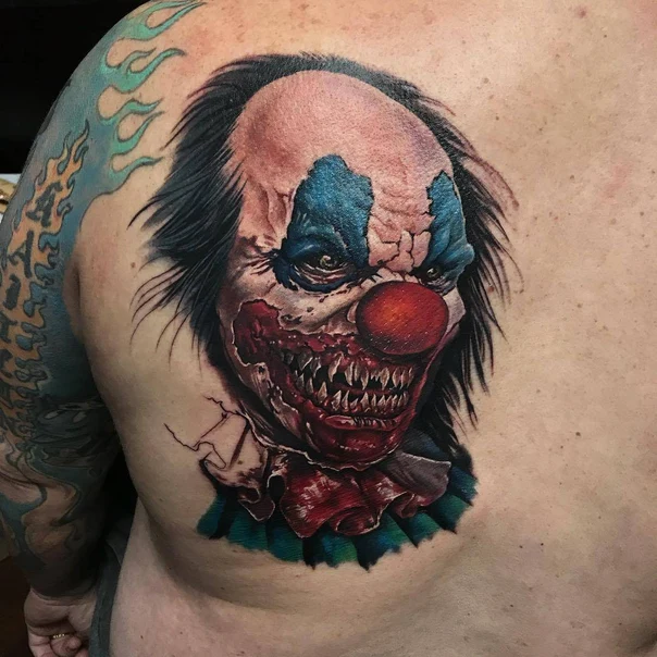 Realism Clown, Horror tattoo on Upper Back