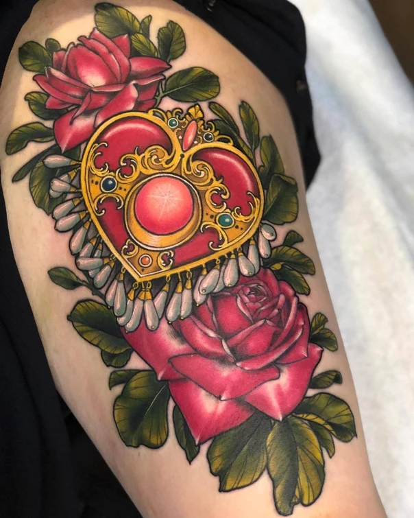 Neo Traditional Heart, Rose tattoo on Thigh