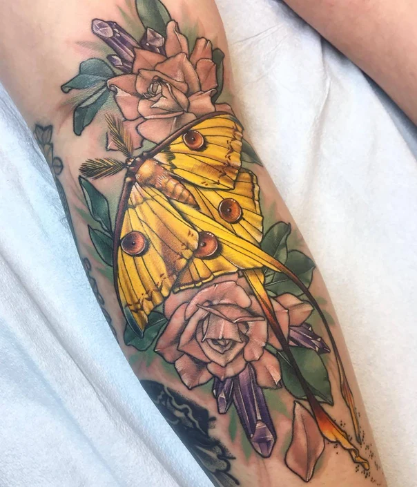 Illustrative Butterfly, Rose tattoo on Forearm