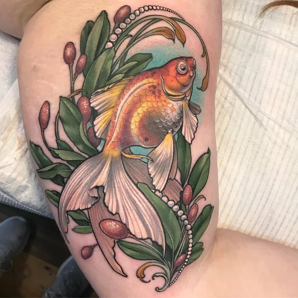 Illustrative Fish, Leaves tattoo on Thigh