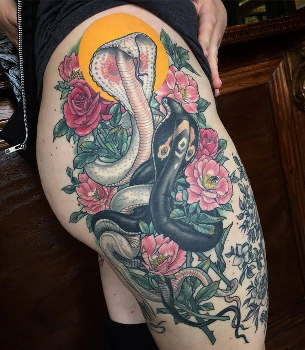 Neo Traditional Snake, Flowers tattoo on Thigh