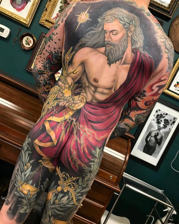 Realism Greek god, Lightning tattoo on Full Back