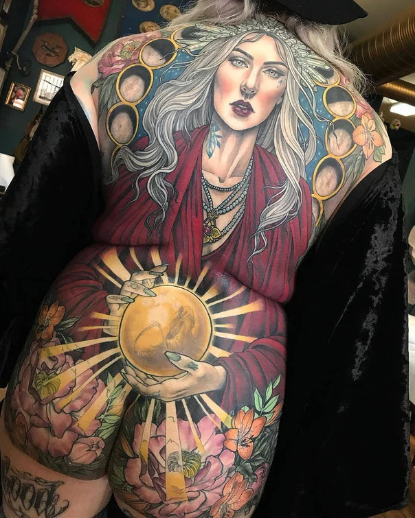 Realism Portrait, Floral tattoo on Full Back