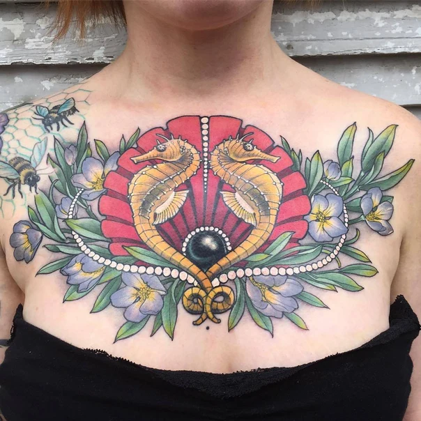 Neo Traditional Seahorse, Flower tattoo on Chest