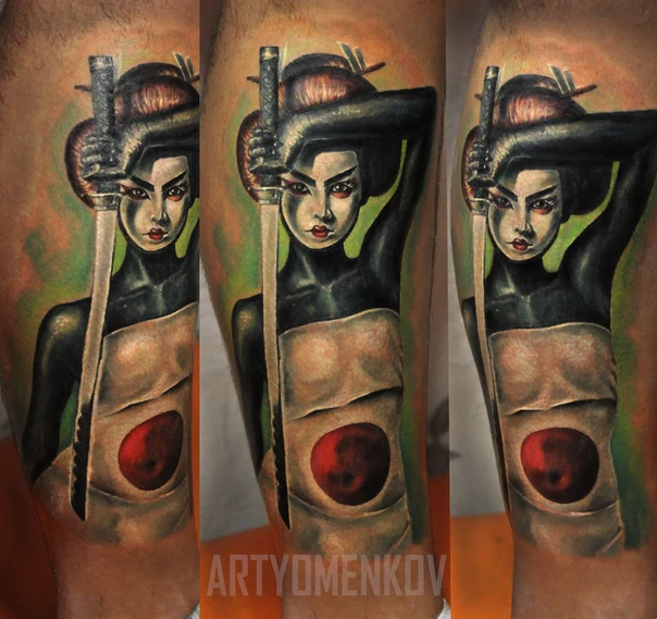 Японская Geisha, Katana tattoo на Предплечье