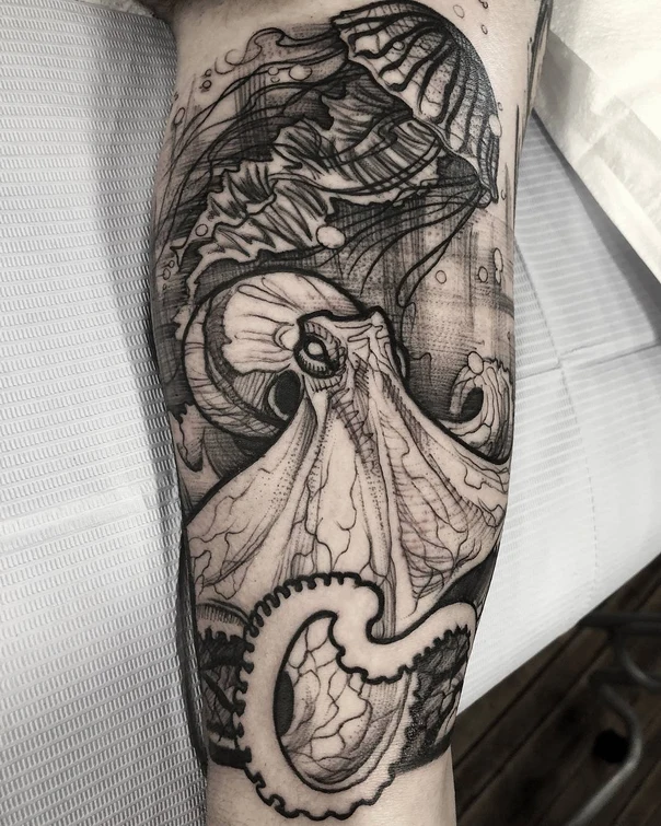 Blackwork Octopus, Jellyfish tattoo on Calf