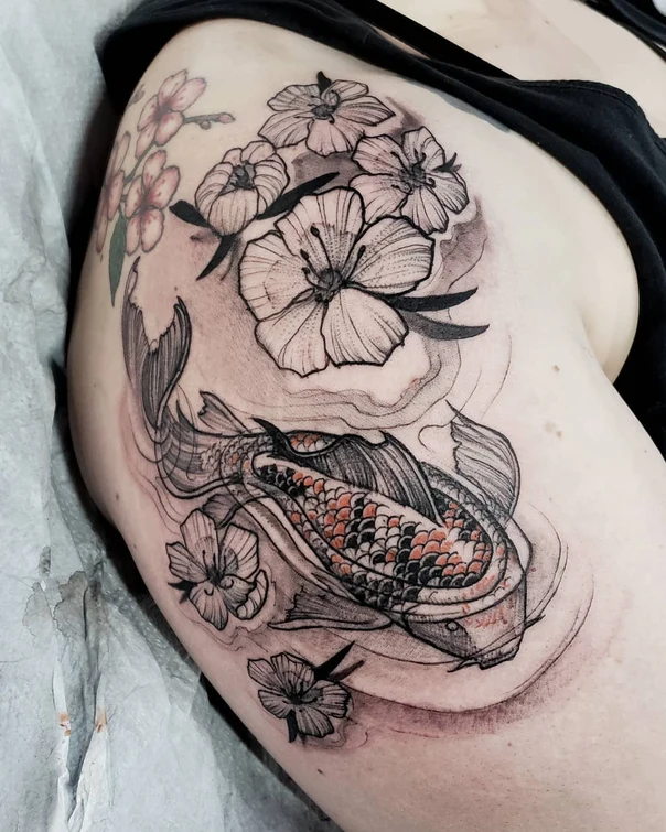 Japanese Koi, Flowers tattoo on Shoulder