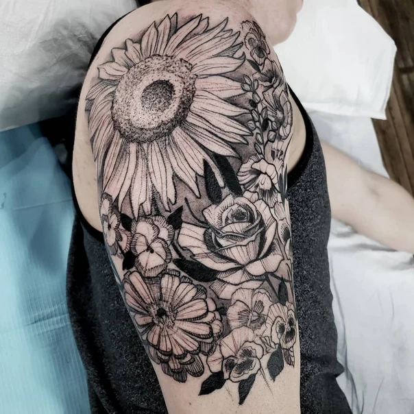 Blackwork Sunflower, Rose tattoo on Full Sleeve