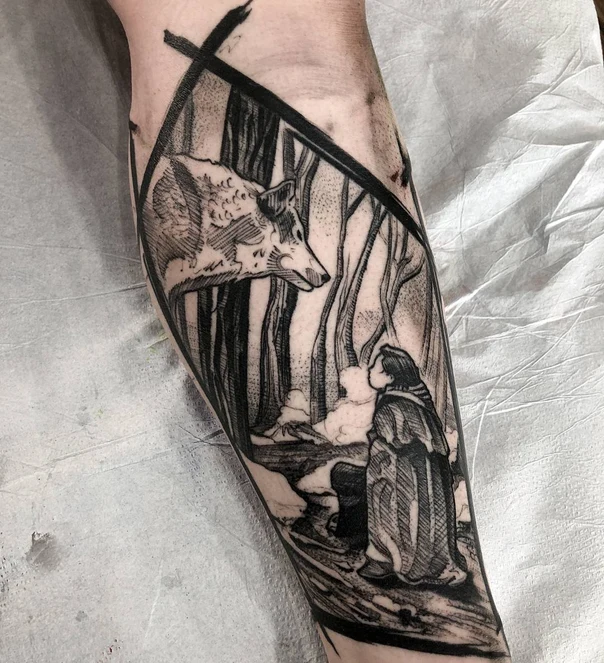 Sketch Wolf, Forest tattoo on Forearm