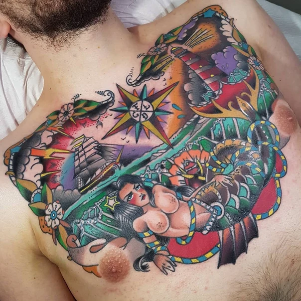 Neo Traditional Nautical, Mermaid tattoo on Chest