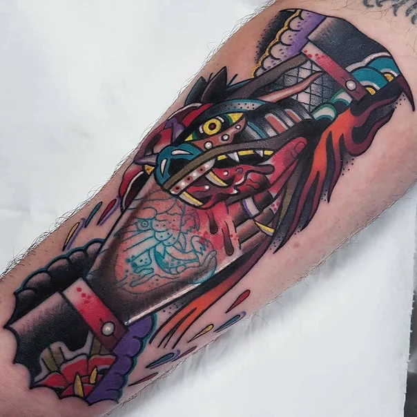 Neo Traditional Dragon, Knife tattoo on Forearm
