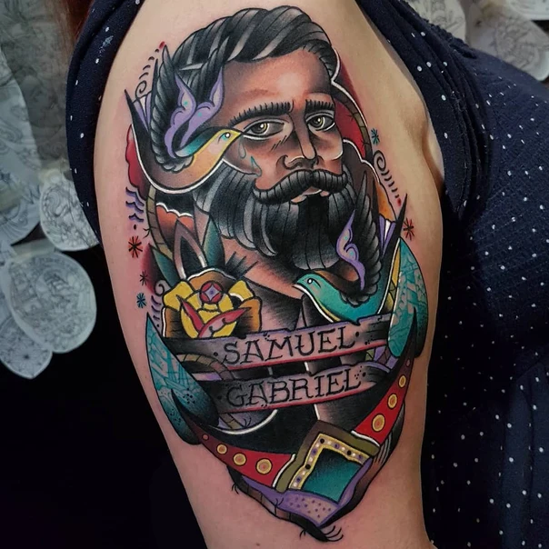 Neo Traditional Portrait, Birds tattoo on Upper Arm