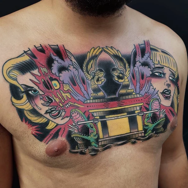 Neo Traditional Faces, Ark tattoo on Chest